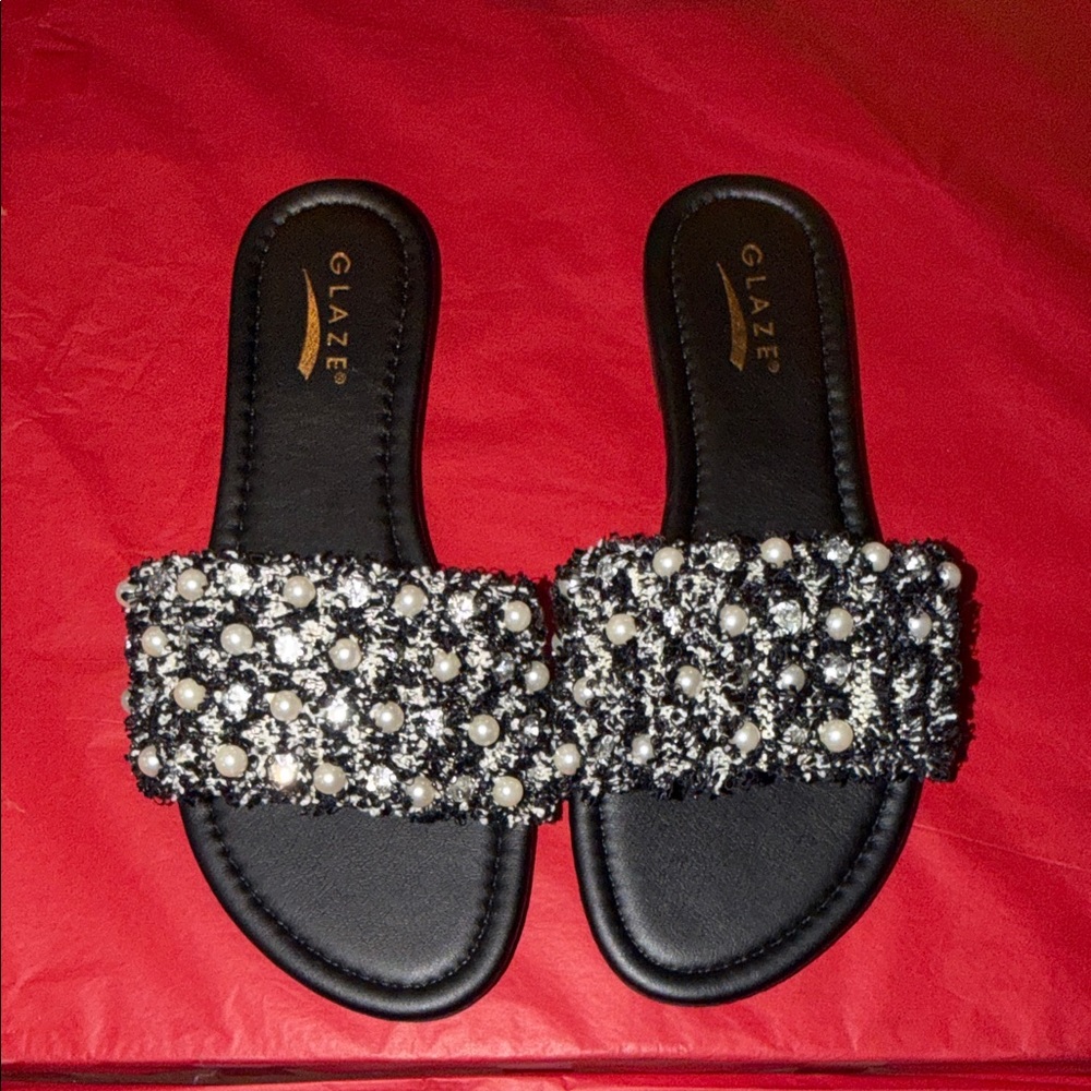 Glaze Black and White Pearl-Embellished Slide Mules